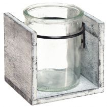 Stojan na čajovú sviečku zo skla v rustikálnom drevenom ráme - sivobiely, 10x9x10cm - pôvabná stolová dekorácia 3 kusy