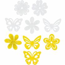 položky Kvety a motýle na rozsýpanie žltá, biela drevená roztrúsená dekorácia jarná dekorácia 72 kusov