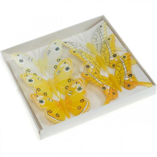 Floristik24 Deco motýle žlté perie motýlik na drôte 7,5cm 6ks
