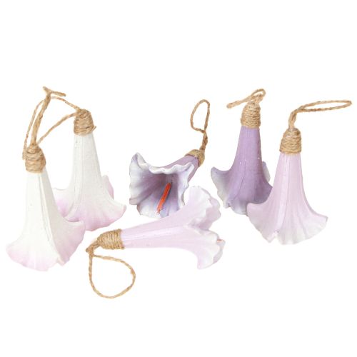 položky Dekoratívne prívesky so zvončekom, fialové a biele, sada 6 kusov, Ø3,5 cm, V8 cm, jarné a veľkonočné dekorácie