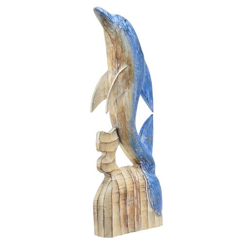 Figúrka delfína námorná drevená dekorácia ručne vyrezávaná modrá V59cm