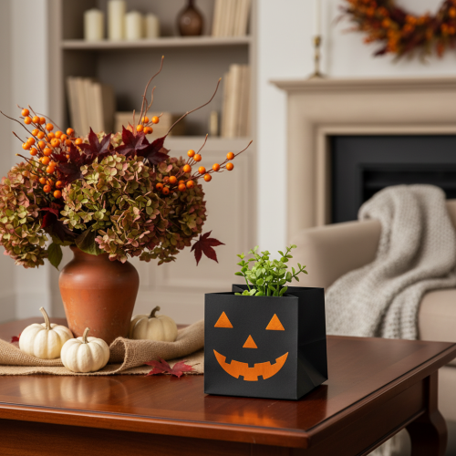 položky Papierové vrecko na kvetináč s tekvicovou tvárou Halloween dekorácia 10 cm 6 ks