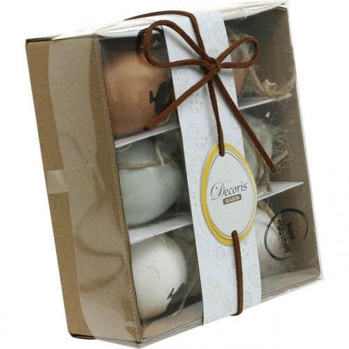 Floristik24 Veľkonočná dekorácia, slepačie vajíčka na zavesenie, ozdobné vajíčka pierko a kuriatka, hnedá, modrá, biela sada 6 ks