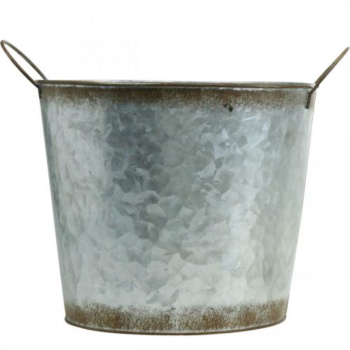 položky Kvetináč s rúčkami, ozdobná miska s hrdzavým dekorom, kovová nádoba strieborná Ø26cm V25,5cm