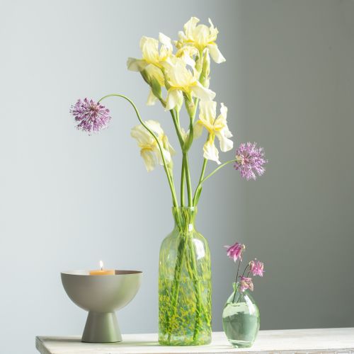 položky Dekoratívna váza zo skleneného kvetu, váza so žltým zeleným vzorom, Ø10cm, V25cm