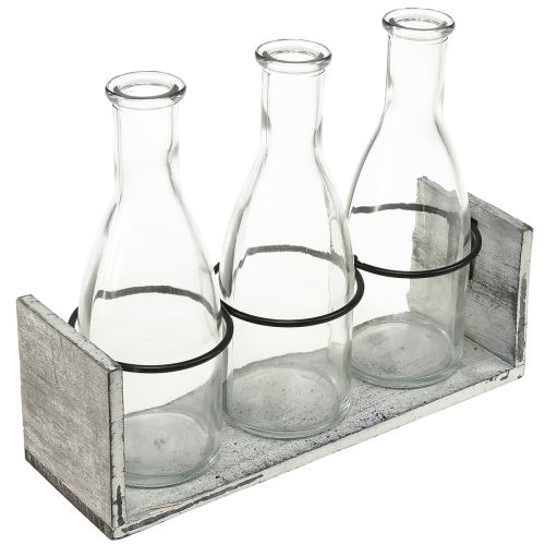 Floristik24 Rustikálna sada fliaš v drevenej podložke - 3 sklenené fľaše, šedo-biele, 24x8x20 cm - Všestranné na dekoráciu