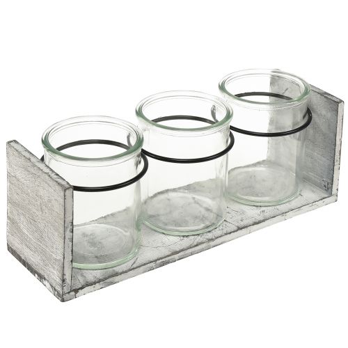 Rustikálna súprava sklenených nádob v sivobielom drevenom stojane - 27,5 x 9 x 11 cm - Všestranné úložné a dekoratívne riešenie