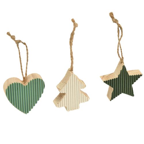 Floristik24 Sada drevených príveskov na vianočný stromček, srdiečko-stromček-hviezda, mäta-zeleno-biela, 4,5 cm, 9 kusov - vianočná dekorácia