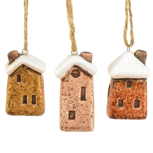 Keramické závesné domčeky – rôzne odtiene hnedej, zasnežené strechy – očarujúca vianočná dekorácia – balenie 6 kusov