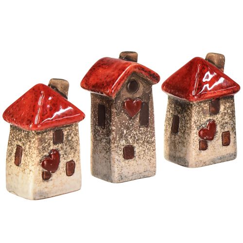 Keramické domčeky 6 kusov s červeným strešným oknom a srdcom - 6 cm - Idylická dekorácia pre dom a záhradu