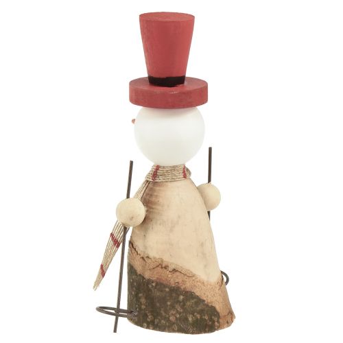 položky Rozkošná sada 2 drevených snehuliakov s červenými cylindrami - zimná dekorácia na stôl - prírodná a červená, 15,5 cm 2 kusy