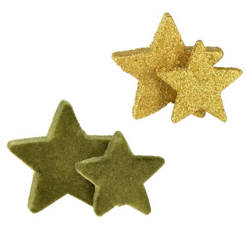 Bodová dekorácia hviezdy zelená a zlatá s trblietkami dekorácia na stôl Vianoce 4/5cm 40 ks