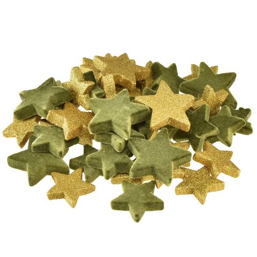 položky Bodová dekorácia hviezdy zelená a zlatá s trblietkami dekorácia na stôl Vianoce 4/5cm 40 ks