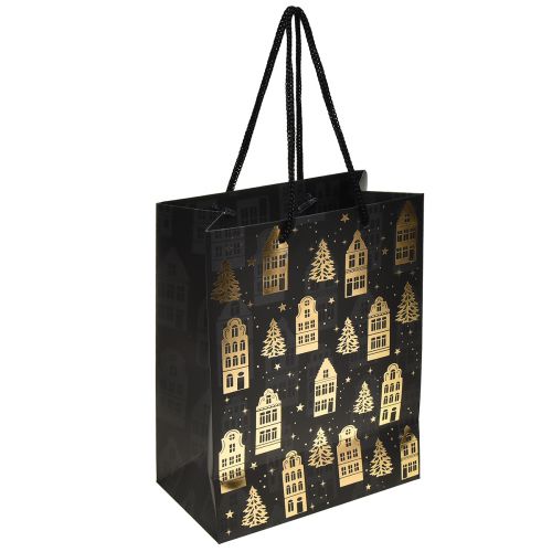 Vianočná taška čierno/zlaté jedľové domčeky 18x10x23cm